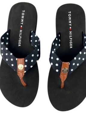 Tommy Hilfiger Flip Flops Womens ~8.5 Gray Polka Dot Thong Sandals Casual